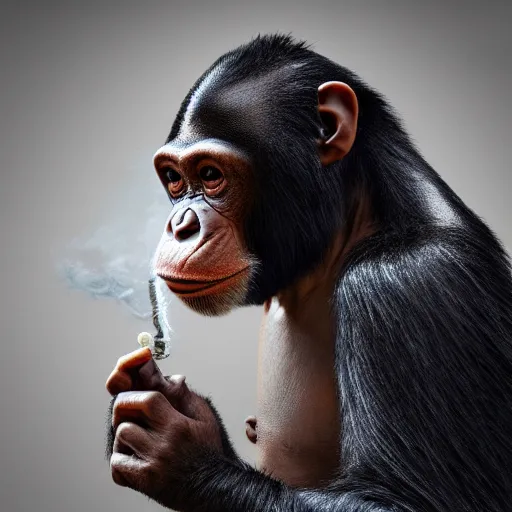 Image similar to a high detail shot of a chimp wearing a suit, smoking a cigar, render, cgsociety, photorealism
