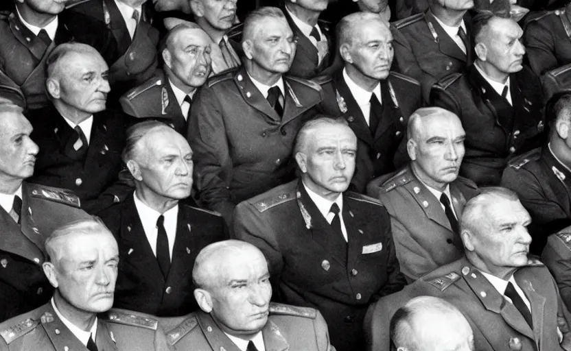 Prompt: 50s movie still of very diverse soviet generals head with very detailed faces in a stalinist parlement, by Alexei Guerman, Cinestill 800t 35mm black and white, heavy grainy picture, very detailed, high quality, 4k, HD criterion, precise texture, diverse faces, diverse haircuts, diverse ages