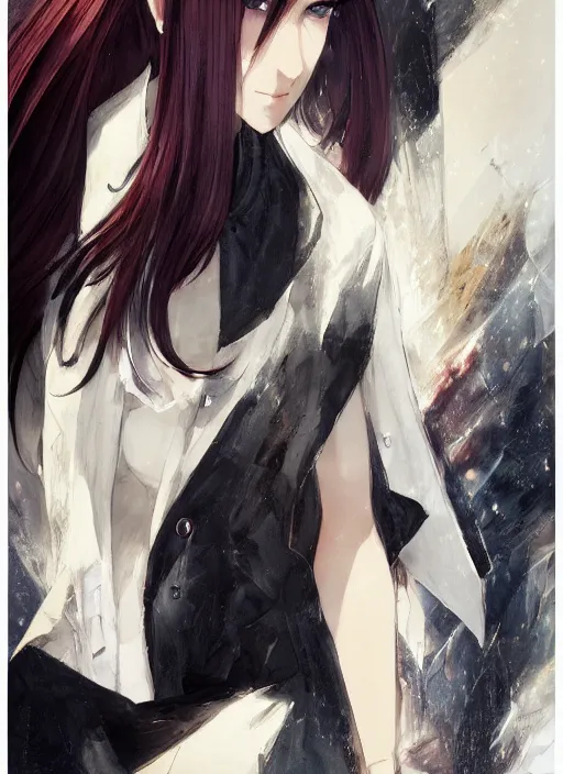 Image similar to luxury advertisement, medium close-up of a manga girl with a white trenchcoat by krenz cushart, Sasoura, Satchely and Akihiko Yoshida, black medium length Dutch bob cut hair with straight bangs, poster