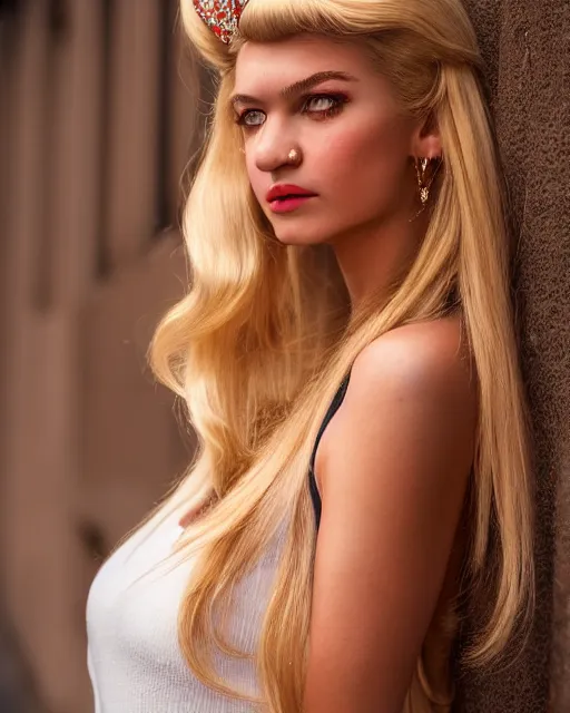 Image similar to Beautiful Head and shoulders portrait of confident flirty Princess Peach with straight long blonde hair, by Zoë Mozert , Stephen Wayda , alberto Vargas, arney freytag, artstation, 35mm, fashion photoshoot, posing in an urban street, golden hour, bokeh, rim lighting, fashion pose, octane, 4k