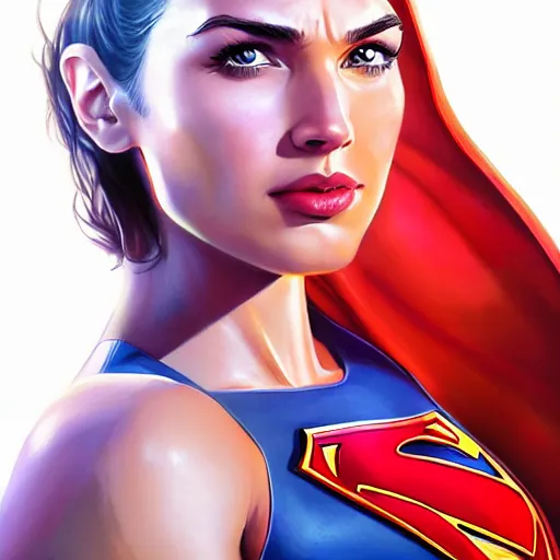 Prompt: a potrait of face of gal gadot as Supergirl from Kryptonian by Stanley Artgerm Lau, WLOP, Rossdraws, James Jean, Andrei Riabovitchev, Marc Simonetti, Yoshitaka Amano, ArtStation, CGSociety, Full body shot