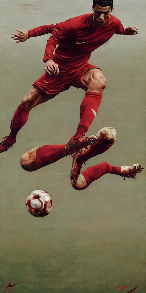 Prompt: cristiano Ronaldo tackling a ball of meat by Zdzisław Beksiński, football nike