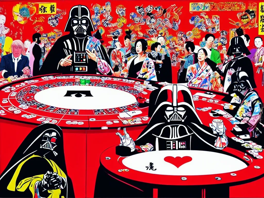 Image similar to hyper - realistic composition of a large room with an extremely detailed poker table in the center, woman in traditional japanese kimono standing nearby, darth vader sitting at the table, fireworks in the background, pop art style, jackie tsai style, andy warhol style, acrylic on canvas, dull palette