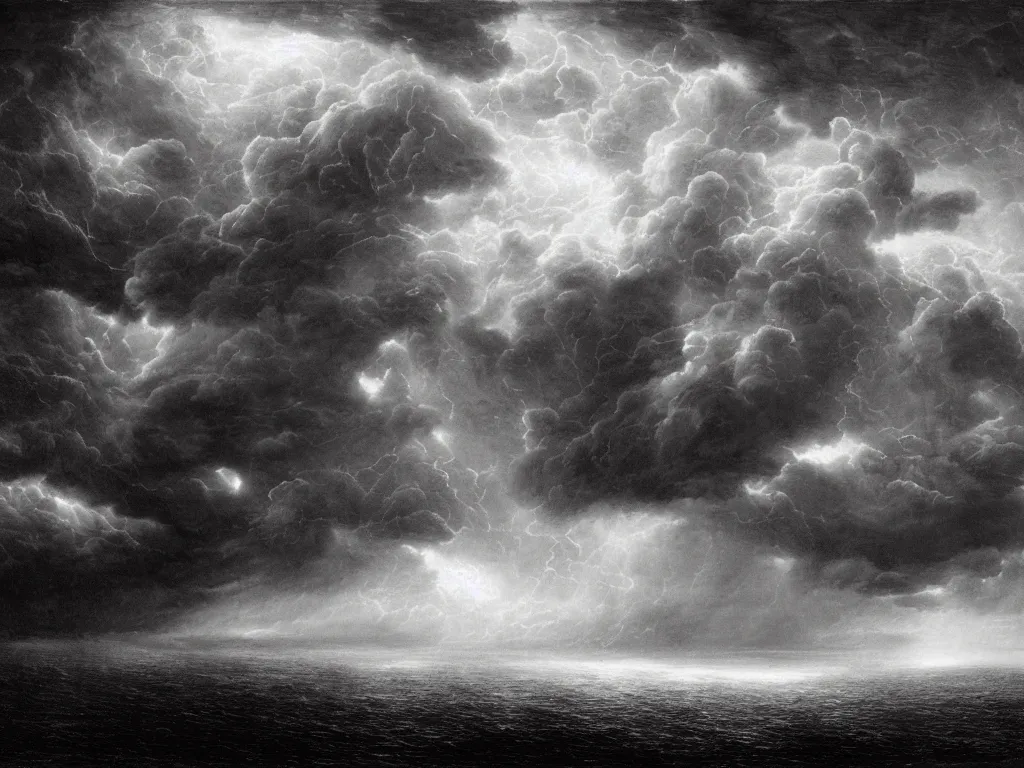 Image similar to very detailed, dark super storm, hyper realistic clouds, impressive, magical, very atmospheric, fog, cinematic, deep, very high complexity, stunning, dramatic masterpiece, iridescent, chiaroscuro, by gustave dore, john blanche, ian miller, very detailed. 4 k