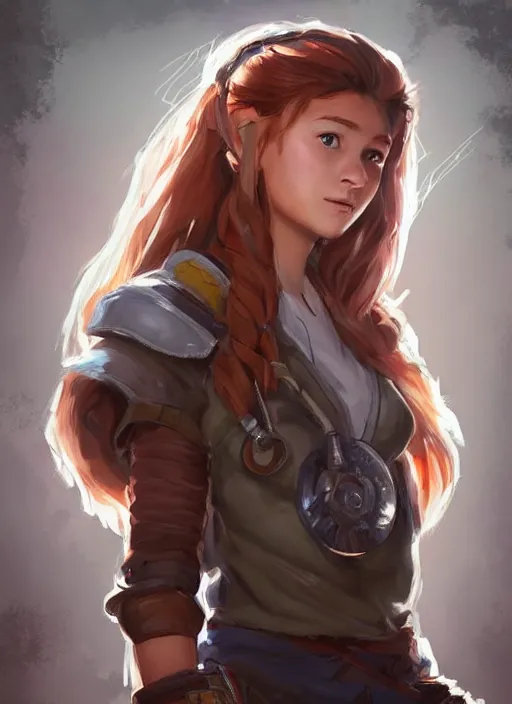 Prompt: a portrait digital painting of a young girl that looks a bit like aloy from horizon : new dawn. she's wearing a mechanics uniform and has been working on some large machinery. painted by artgerm, ross tran.