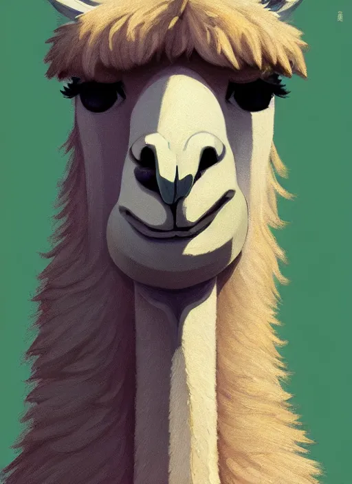 Image similar to centered!! macro head portrait of a llama, artstation, detailed cartoon, elegant, digital painting, concept art, smooth, sharp focus, illustration, ghibli, makoto shinkai, don bluth, fujita goro, jean giraud, akihiko yoshida, tom whalen 8 k