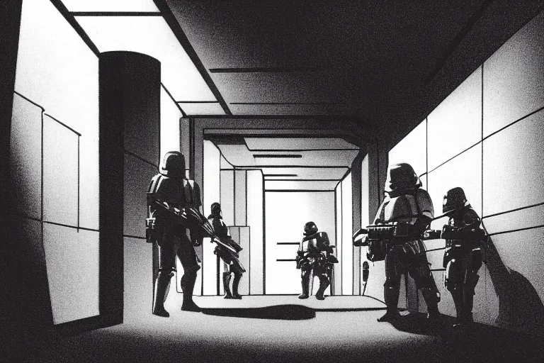 Image similar to ralph mcquarrie concept art, scene : int. death star - detention corridor, luke and leia crouch together in an alcove for protection as they continue to exchange fire with troops. han and chewbacca are barely able to keep the stormtroopers at bay at the far and of the hallway. the laserfire is very intense, and smoke fills the narrow cell corridor.