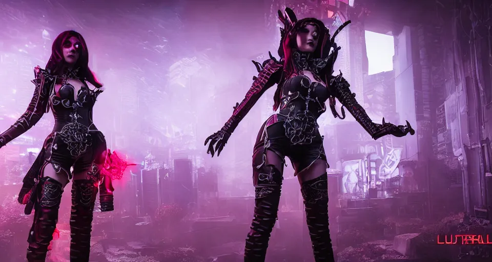 Prompt: Cosplay on hot scarlet female necromancer in cyberpunk-plate-armor, Ultra-HD, HCL, Volumetric Lighting, Screen Space Global Illumination, Opaque, Optics, Lumen Reflections, VFX, insanely detailed and intricate, hypermaximalist, elegant, ornate, hyper realistic, super detailed, full body,