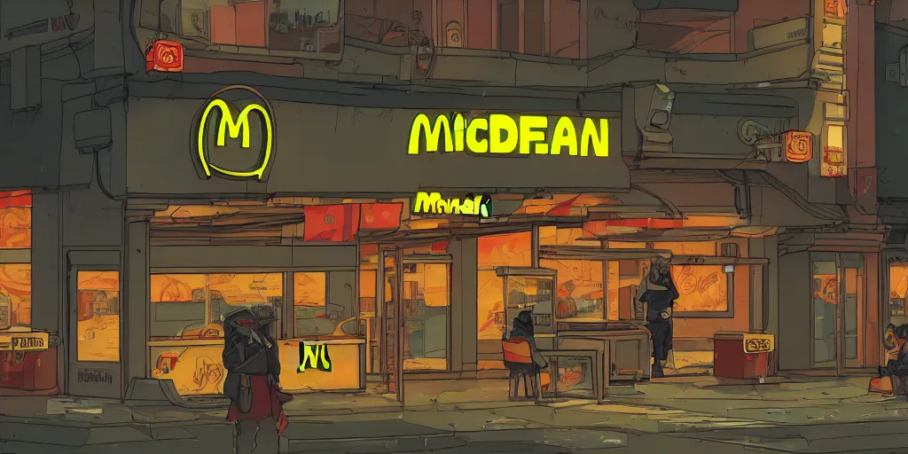 Prompt: a lone cyberpunk mcdonalds by kirokaze