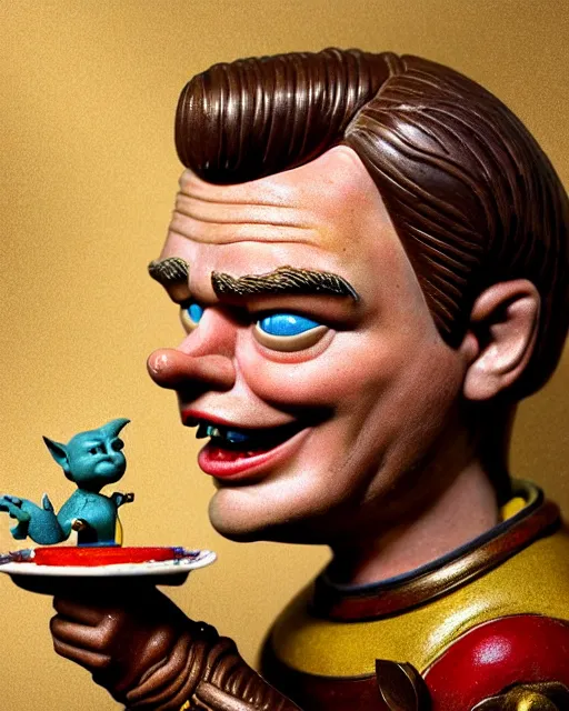 Image similar to highly detailed closeup, face profile portrait of a tin toy leonardo dicaprio as a medieval goblin eating cakes in a castle, hyper realistic, artstation, illustration, nicoletta ceccoli, mark ryden, lostfish, dan decarlo, bob clampett, max fleischer, digital paint, matte paint, vivid colors, detailed and intricate environment