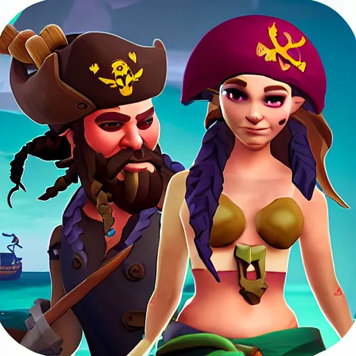 Prompt: pirate and mermaid on sea of thieves game avatar hero