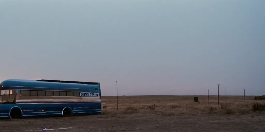 Image similar to exterior of a greyhound bus in the middle of nowhere, sunset, eerie vibe, leica, 2 4 mm lens, cinematic screenshot from the 2 0 0 1 film directed by charlie kaufman, kodak color film stock, f / 2 2, 2 4 mm wide angle anamorphic