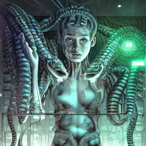 Image similar to the upper torso of a terminator gorgon medusa with borg implants and robotic snakes coming out of her head is hanging from cables and wires off the ceiling of a lab. Tiny green led lights in her cybernetics. She is bolding a cup of coffee. very detailed 8k. Art by nekro. Horror style.