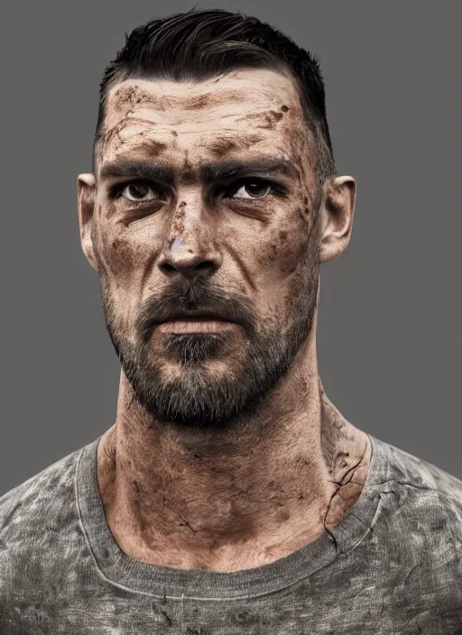 Prompt: a portrait picture of a rough looking man in their 3 0 s, crew cut, brown hair, rugged good looks, serious face, stubble, scar on the cheek, highly detailed, digital art, realistic, 4 k, studio lighting, trending on artstation