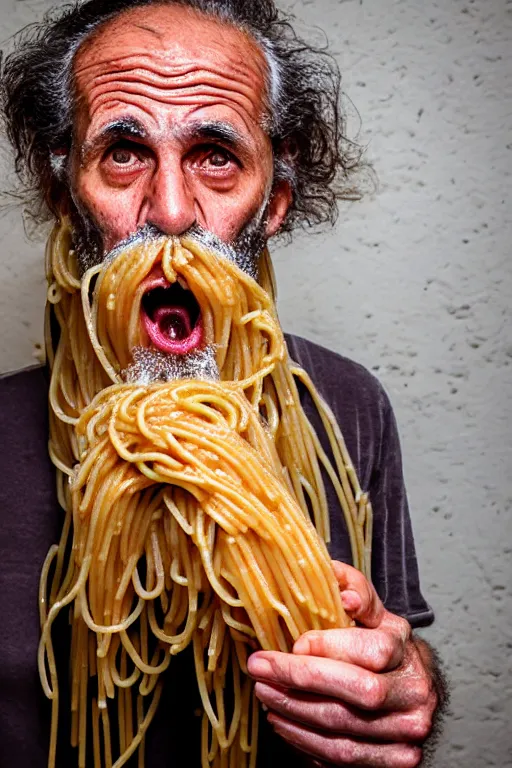 Prompt: extremely detailed portrait of old italian cook, spaghetti mustache, slurping spaghetti, spaghetti in the nostrils, spaghetti hair, spaghetti beard, huge surprised eyes, shocked expression, scarf made from spaghetti, full frame, award winning photo by eric lafforgue