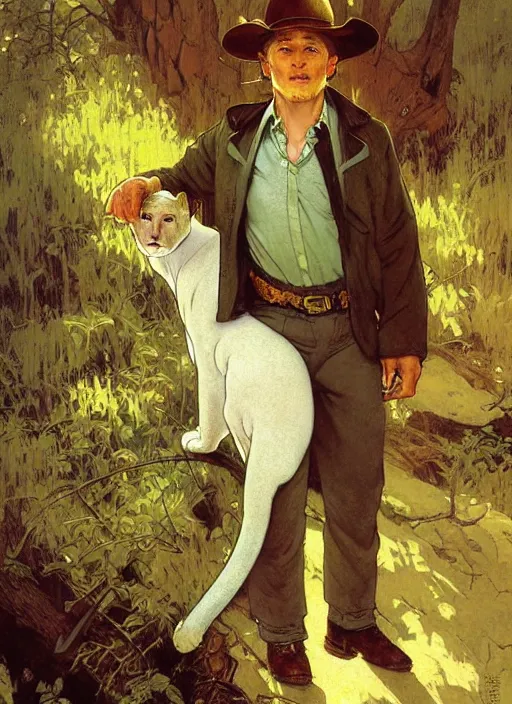 Prompt: beautiful portrait commission of a [male furry anthro!!! albino mountain lion] [wearing a yellow button-down shirt, olive green slacks] [in a Old-timey saloon]. Atmospheric. Renowned character illustration by greg rutkowski, thomas kindkade, alphonse mucha, loish, norman rockwell. detailed, inked, western comic book art