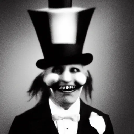 Prompt: black and white photo of a disturbing humanoid with sharp teeth and black eyes wearing a top hat