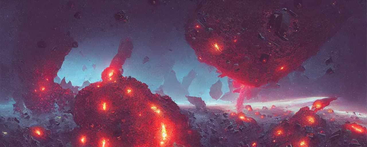 Image similar to ” asteroid made of shiny blood, [ shards, facets, by paul lehr, cinematic, detailed, epic, widescreen, opening, establishing, mattepainting, photorealistic, realistic textures, octane render ] ”