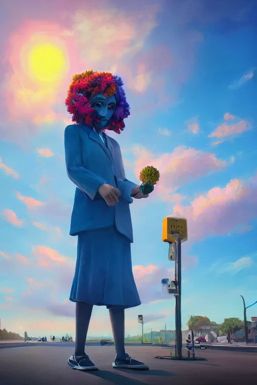 Image similar to closeup giant dahlia flower head, girl in a suit on a street, surreal photography, blue sky, sunrise, dramatic light, impressionist painting, digital painting, artstation, simon stalenhag