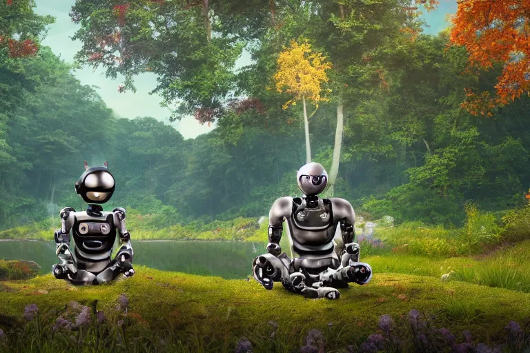 Prompt: professional photo of highly-detailed robot sitting cross-legged with its head pointing down, on a small hill, in a fantasy forest with blooming trees and surrounded my wildlife, river flowing beside the robot, 4k, highly detailed, Unreal Engine