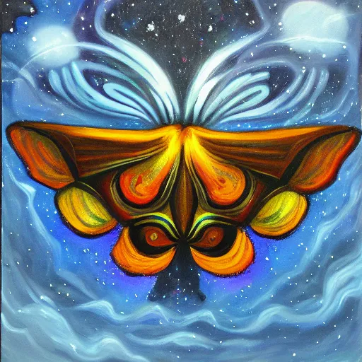 Prompt: galactic moth, acrylic painting, evocative surrealist art, trending on artstation