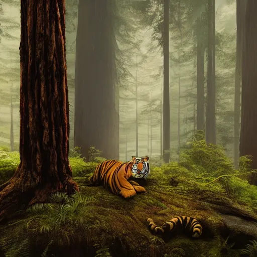 Image similar to tiger in a redwood forest, sunlit, octane render, matte, greg rutkowski, highly detailed, hdr