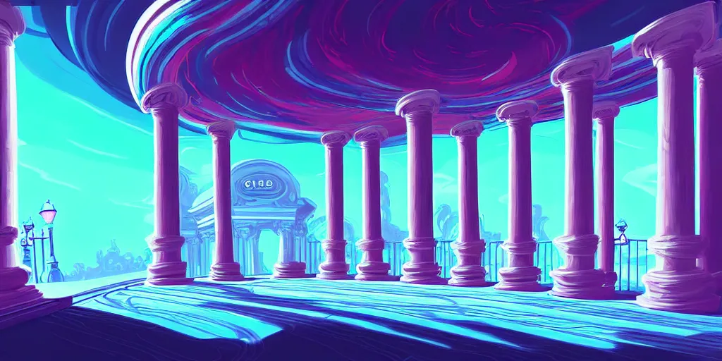 Image similar to curled perspective digital art of curly clouds entrance to the casino with marble columns by anton fadeev from nightmare before christmas