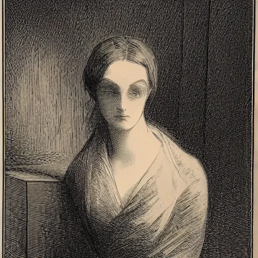 Image similar to side portrait of a beautiful victorian widow, close up, depth, shadow, dramatic light, Chiaroscuro, illustration by Gustave Doré