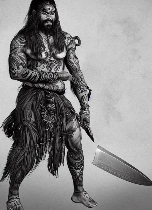 Prompt: a highly detailed illustration of serious long haired tattooed asian tribal warrior man with machete, heroic wielding machete pose, muscular, intricate, elegant, highly detailed, centered, digital painting, artstation, concept art, smooth, sharp focus, league of legends concept art, wlop.