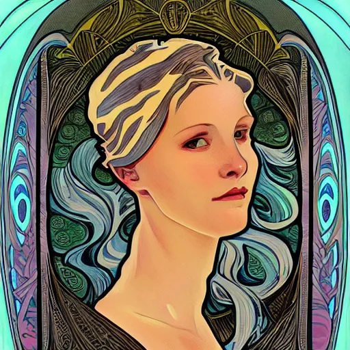 Image similar to realistic unknown alien lilith portrait in style of alphonso mucha, lalique detailed 8 k