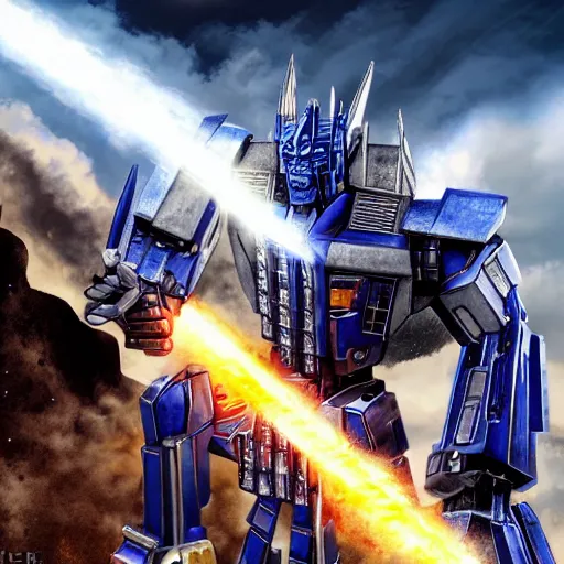 Image similar to optimus prime shooting at megatron, striking pose, robot huge, fly engines,