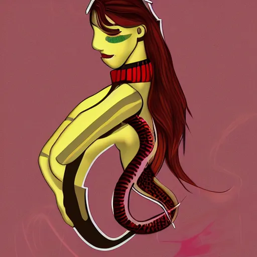 Image similar to full body portrait of a snake girl, red and black strips, books, yellow eyes, magic, digital art.