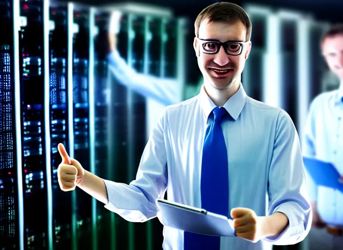 Image similar to A system administrator doing a thumb up to the camera in front on burning servers, servers in flames, happy system administrator doing a thumb up, uncropped, full body