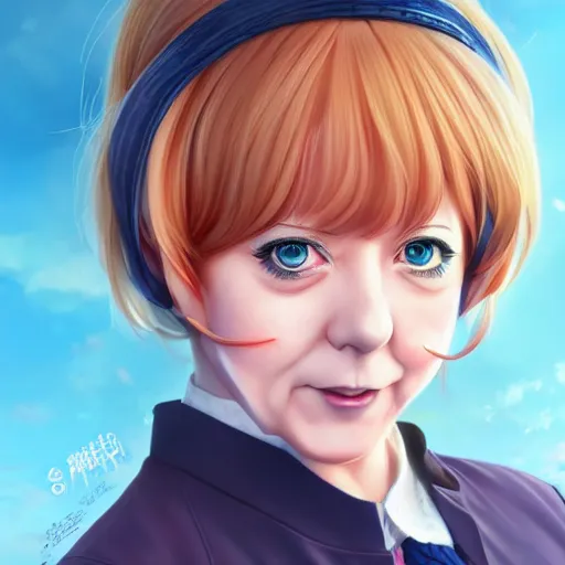 Image similar to anime portrait of Angela Merkel as an anime girl by Stanley Artgerm Lau, WLOP, Rossdraws, James Jean, Andrei Riabovitchev, Marc Simonetti, and Sakimichan, trending on artstation