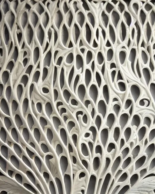 Image similar to wall craving filigree carved out of ivory about fishes fins scales