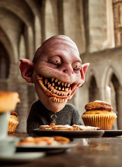 Image similar to closeup portrait of a medieval goblin eating cakes in the cloisters, depth of field, zeiss lens, detailed, symmetrical, centered, fashion photoshoot, by Annie Leibovitz and Steve McCurry, David Lazar, Jimmy Nelsson, Breathtaking, 8k resolution, extremely detailed, beautiful, establishing shot, artistic, hyperrealistic, beautiful face, octane render