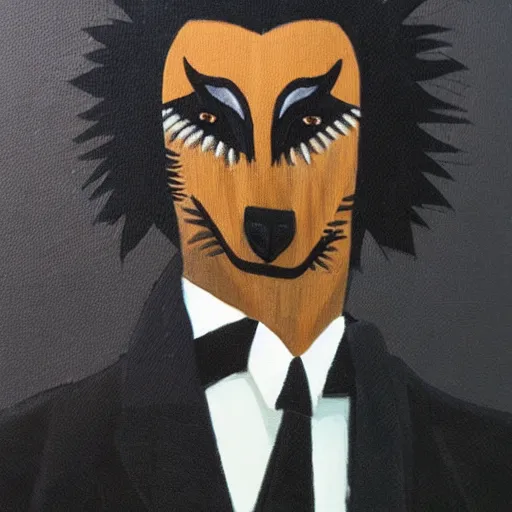 Image similar to male anthro black fox furry fursona with a black mullet in a spanish style tuxedo, 1 9 7 0 s, canvas painted by famous artist jylon denja