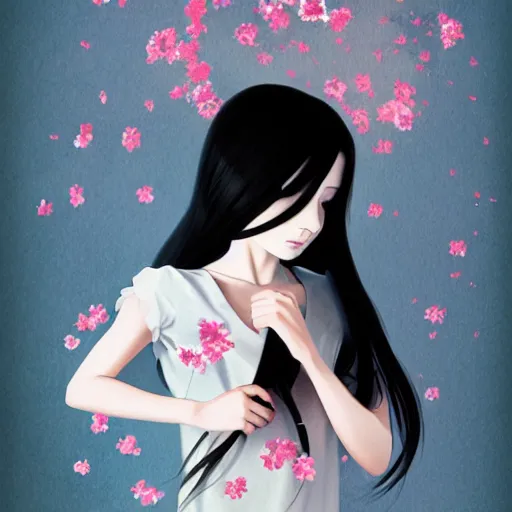 Prompt: little girl with flowers on her long black hair, dressed in a simple white dress, anime art style, digital artwork made by ilya kuvshinov, inspired in balthus