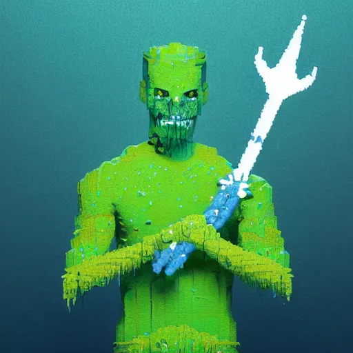 Image similar to voxel painting by greg rutkowski of a drowned zombie holding a trident with glowing cyan eyes, wearing ragged clothing, holding a trident, underwater, pastel green and blue color palette