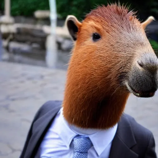 Image similar to an antropomorphic capybara wearing a suit smoking a cigar