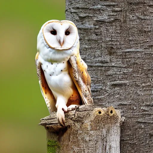 Image similar to ”A barn owl sitting on a Nike Air Jordan sneaker. The sneaker is standing on a birch stump, 4K, Sigma 55”