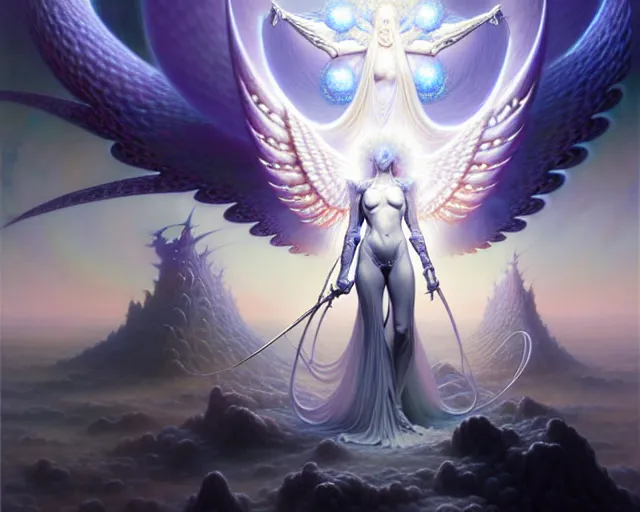 Image similar to the army of white light and angels, fantasy character portrait made of fractals facing each other, ultra realistic, wide angle, intricate details, the fifth element artifacts, highly detailed by peter mohrbacher, hajime sorayama, wayne barlowe, boris vallejo, aaron horkey, gaston bussiere, craig mullins