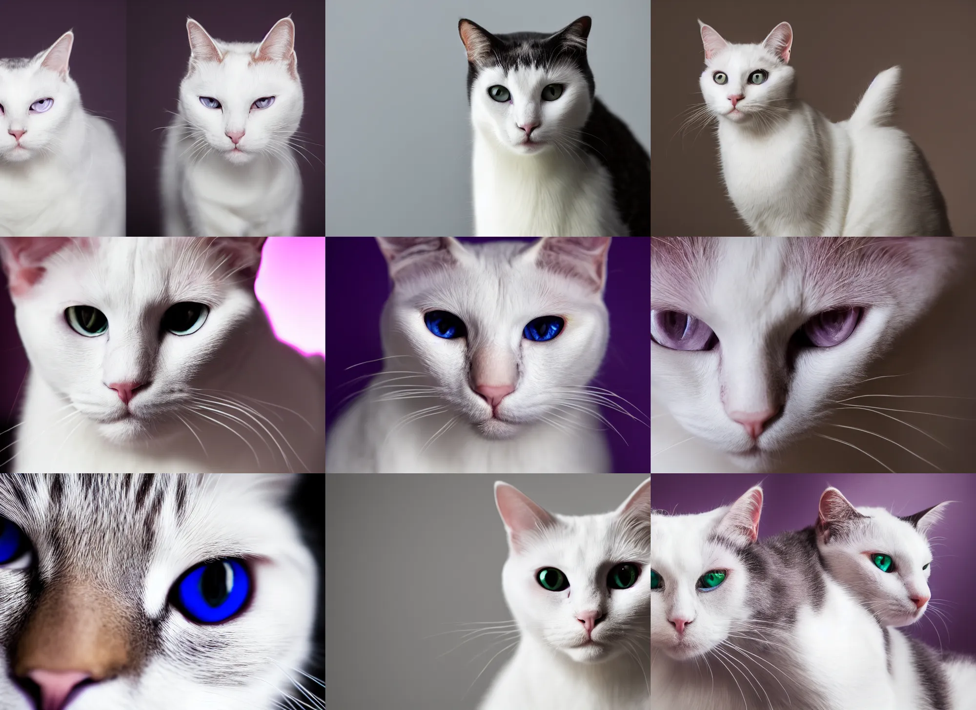 Prompt: photo still of white cat purple eyes, 8 k, studio lighting bright ambient lighting key light, 8 5 mm f 1. 8