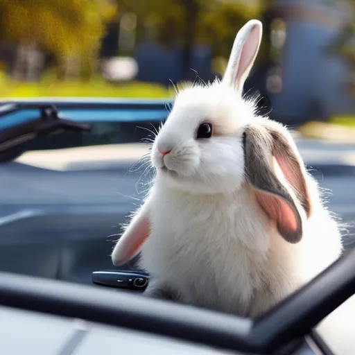 Image similar to a cute bunny driving a convertible, studio photo, high quality