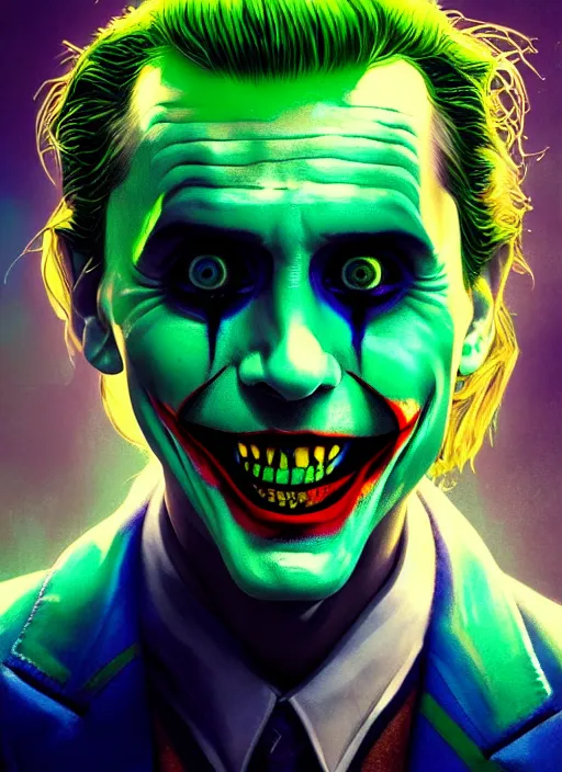 Image similar to portrait of jared leto as the joker, green hair, intricate, elegant, glowing lights, highly detailed, digital painting, artstation, concept art, sharp focus, illustration, art by wlop, mars ravelo and greg rutkowski