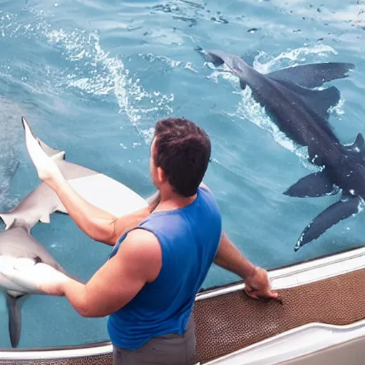 Image similar to a man feeding a shark