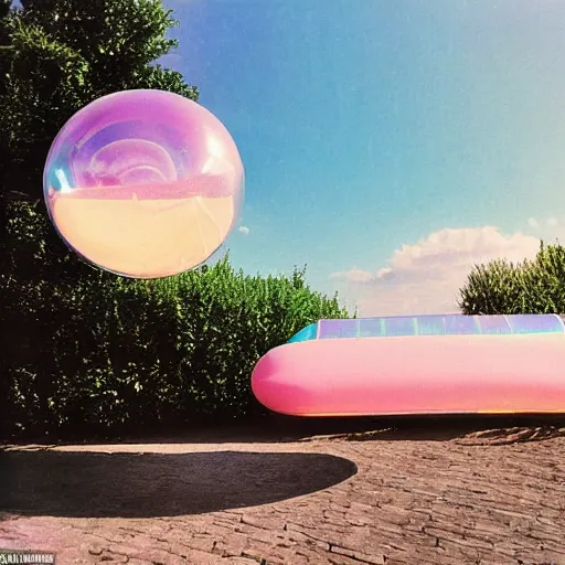 Image similar to a pastel colour high fidelity wide angle Polaroid art photo from a holiday album at a seaside with two inflatable parachute spheres, all objects made of transparent iridescent Perspex and metallic silver, a grid of sun beds iridescence, nostalgic