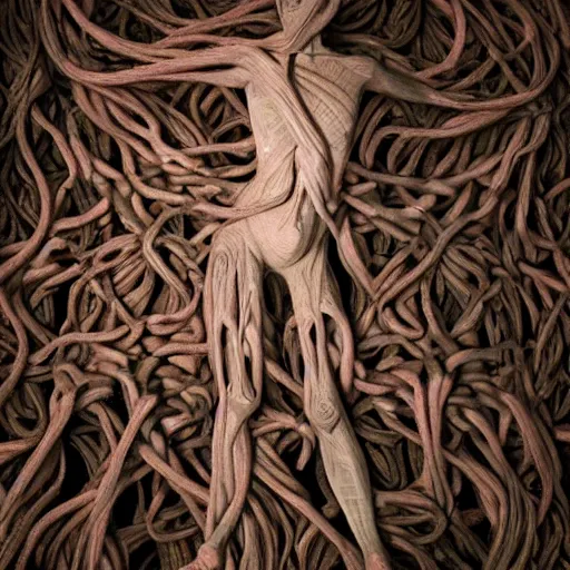 Prompt: dmt bodies. Mesh of human figures intertwined. earthen colors. Beautiful, realistic, extremely anatomical marble sculptures. Disturbing scene. Tangled human forms. A sea of bodies sculpted by August Rodine.