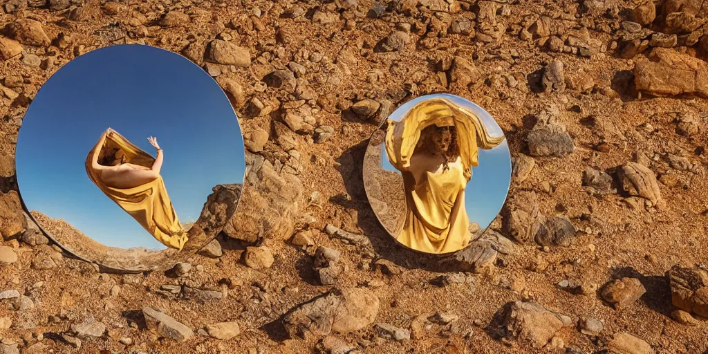 Image similar to levitating woman with full - face golden mask in a dry rocky desert landscape, visible sky and sunny atmosphere, fata morgana and giant square fractal mirrors by alejandro jodorowsky, anamorphic lens, kodakchrome, practical effects, award winning photo, masterpiece, 8 k