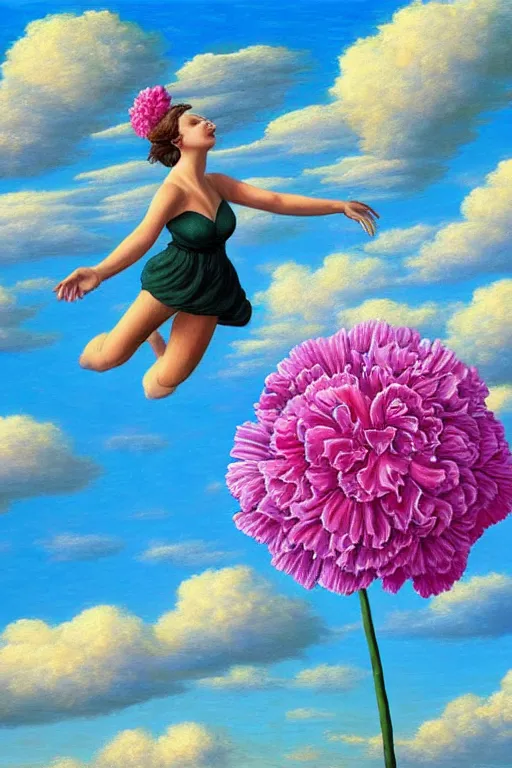 Image similar to closeup, giant carnation flower head, woman falling, surreal, clouds in sky, impressionist painting, digital painting, artstation, rob gonsalves